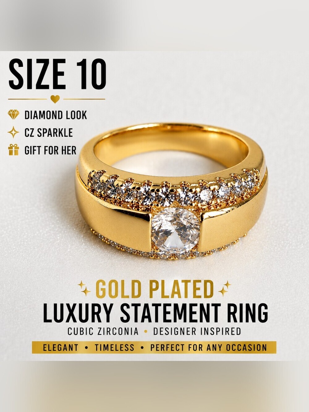 Gold Plated CZ Engagement Ring Size 10 Diamond Look Luxury Statement Ring